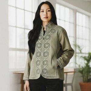 VTG Bob Mackie Wearable Art Beige/green & White Embroidered Jacket 2X Full Zip